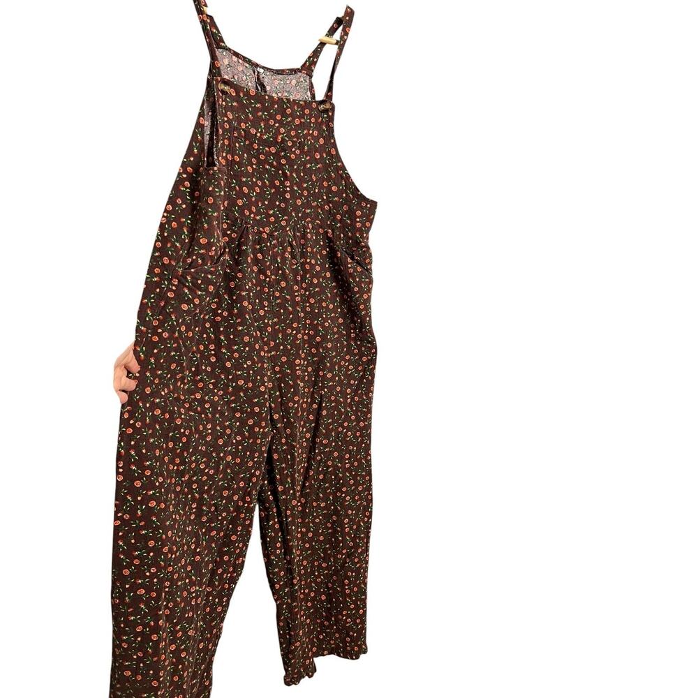 Floral Overall Jumpsuit Womens Large Brown Sleeveless Square Neck Pockets Boho - Picture 5 of 9